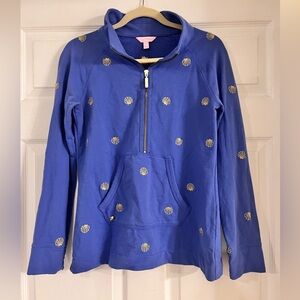 Lilly Pulitzer half zip popover sweatshirt blue gold seashells kangaroo pocket S